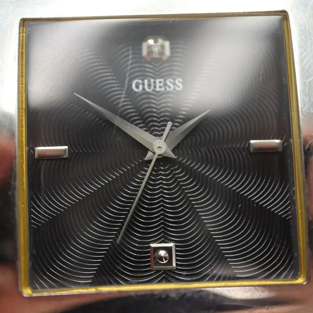 Guess Mens Jumbo Square Black 38mm Diamond Watch Stainless Steel w New Battery